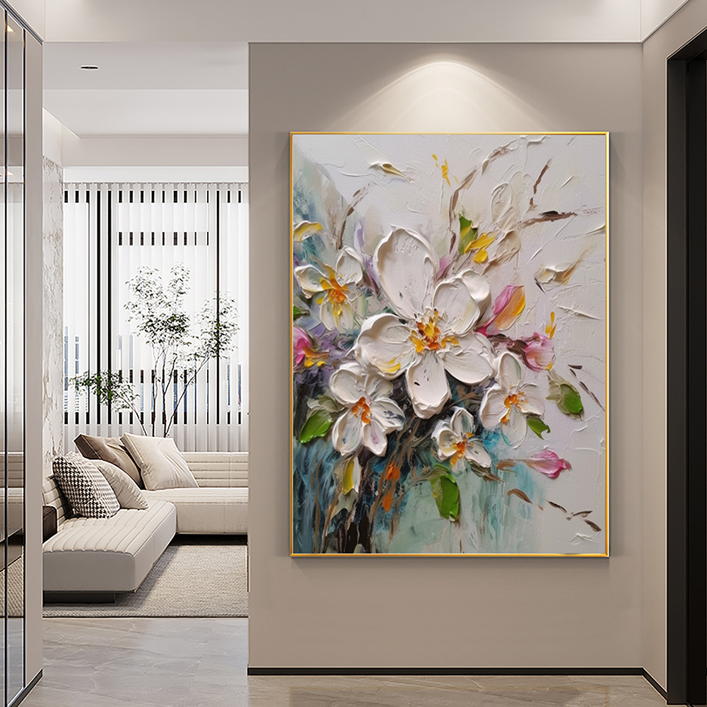 dropship Hand Painted Oil Painting Abstract Original Flower Oil Painting On Canvas Large Wall Art Original White Floral Painting Floral Custom Painting Living Room Wall Decor