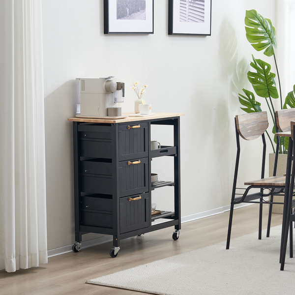 dropship 76*37*84cm Three Drawers Three Layers Bronze Color Handle Rubber Wood Log Color Table Top Black Spray Paint Dining Car