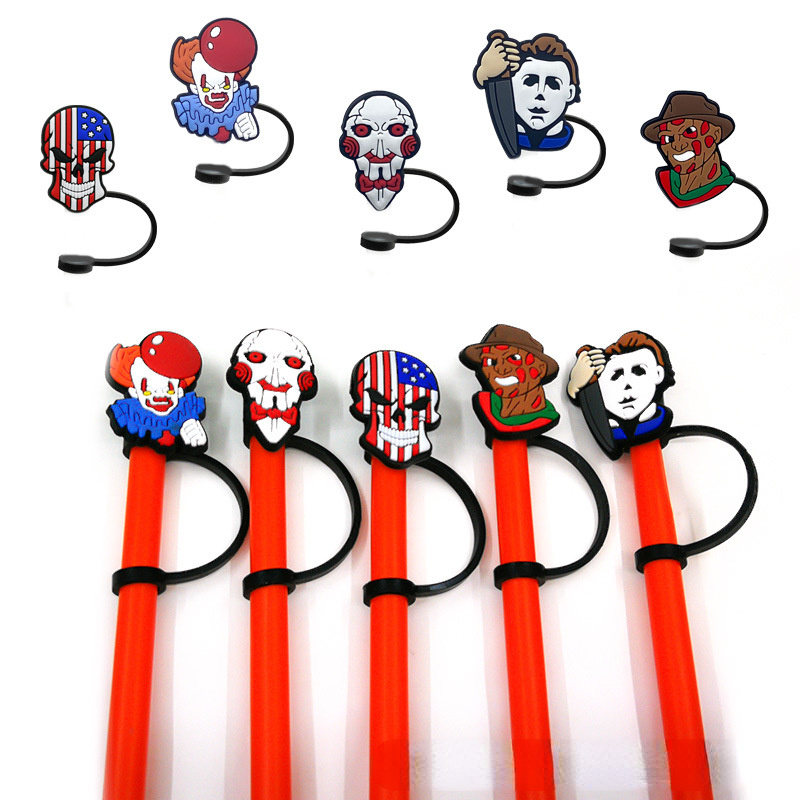 dropship 6pcs Reusable Silicone Straw Tip Caps - Scary Clown Design - Perfect for Halloween Decorations and Drinking