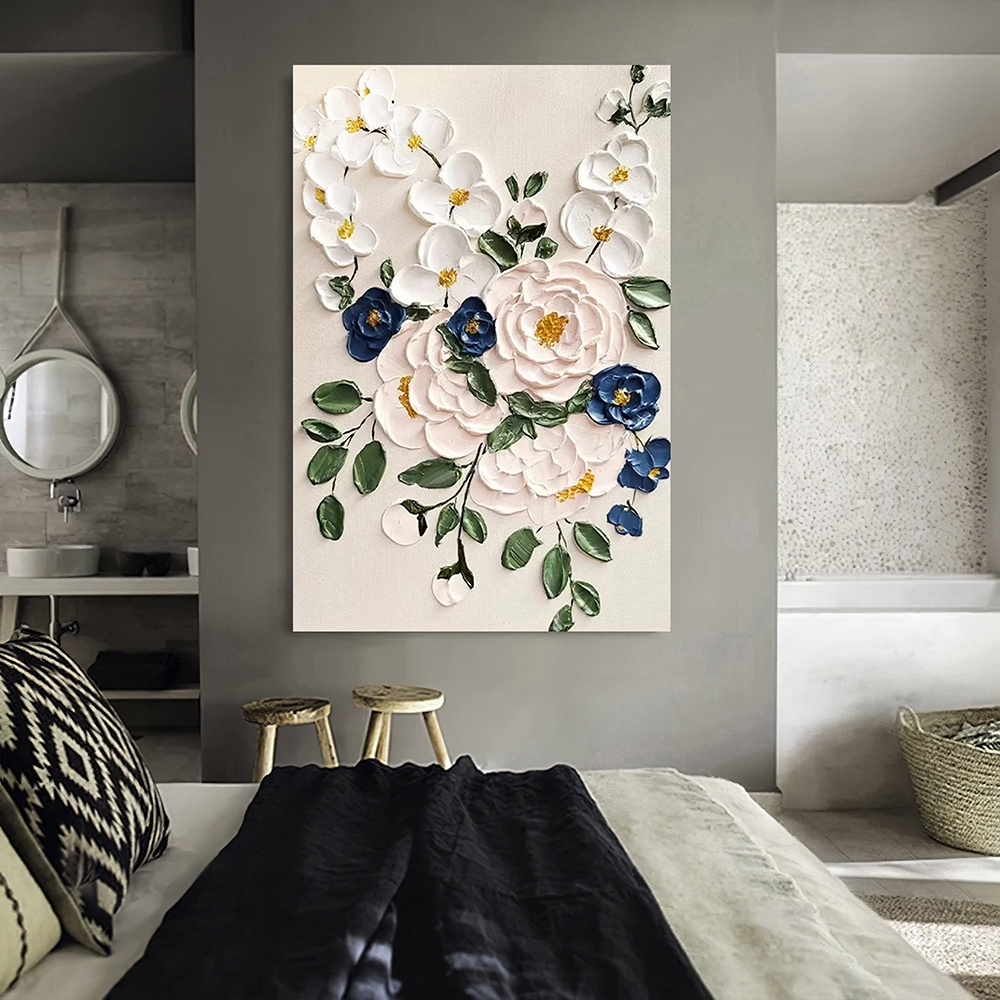 dropship Hand Painted Oil Paintings Large Original Oil Painting White Flower Decor Abstract Wall Art Hand Paint Palette Knife Painting Heavy Textured Painting Living Room Art