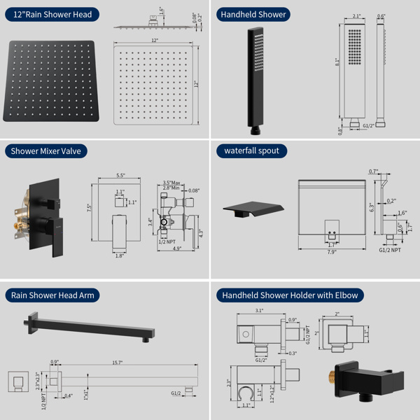dropship Male NPT Matte Black Shower System, 12 Inch Shower Fixtures Rain Shower Head with Handheld Shower Spray, Wall Mount Shower Faucet Set for Bathroom(Pressure Balance Shower Trim Valve Kit Included)