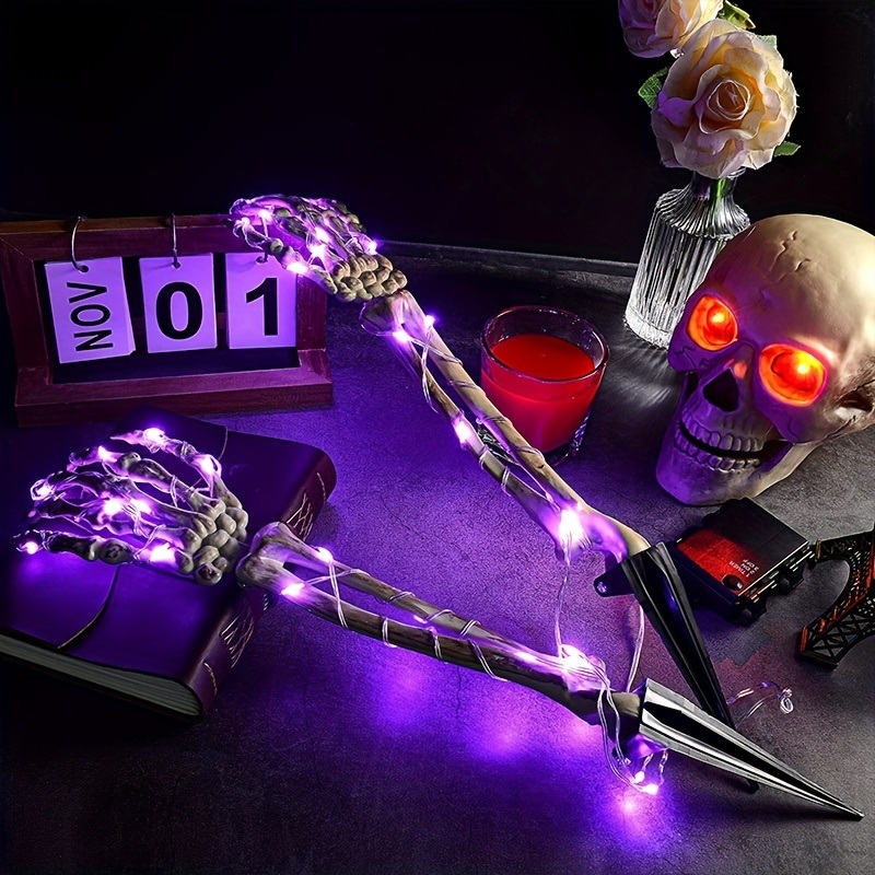 dropship Light Up Your Halloween with 2pcs Life-Size Skeleton Hands & 50 Purple LED Lights!