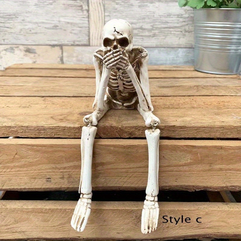 dropship 1pc Skull Statues Set, Resin Skeleton Shelf Sitters Sitting Figurines, For Home Bookshelf Table Ledge Edge Decorative, Crafts Ornaments,Halloween Don't Listen, Don't Look