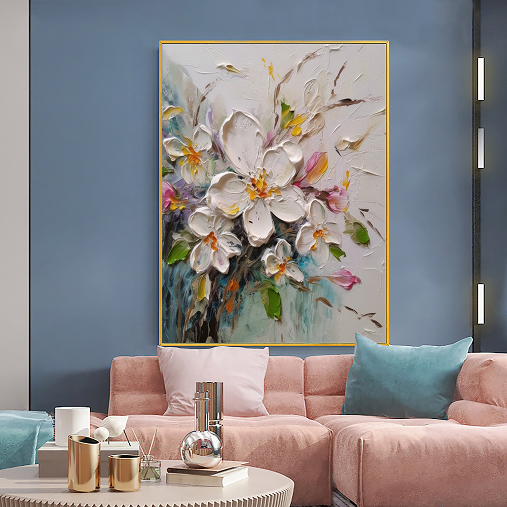 dropship Hand Painted Oil Painting Abstract Original Flower Oil Painting On Canvas Large Wall Art Original White Floral Painting Floral Custom Painting Living Room Wall Decor