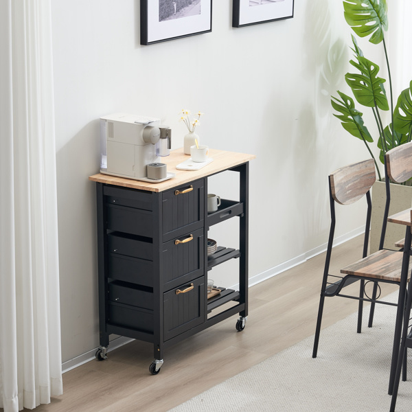 dropship 76*37*84cm Three Drawers Three Layers Bronze Color Handle Rubber Wood Log Color Table Top Black Spray Paint Dining Car