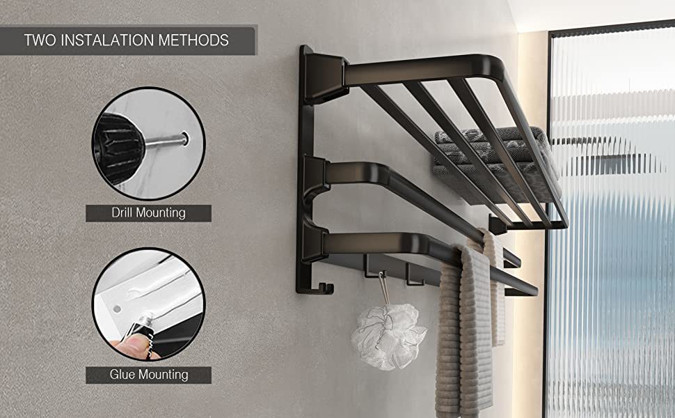 dropship Towel Racks for Bathroom, 24-Inch Towel Shelf with Towel Bar Foldable Towel Holder with 7 Hooks Towel Storage Organizer for Bathroom & Lavatory Wall Mounted