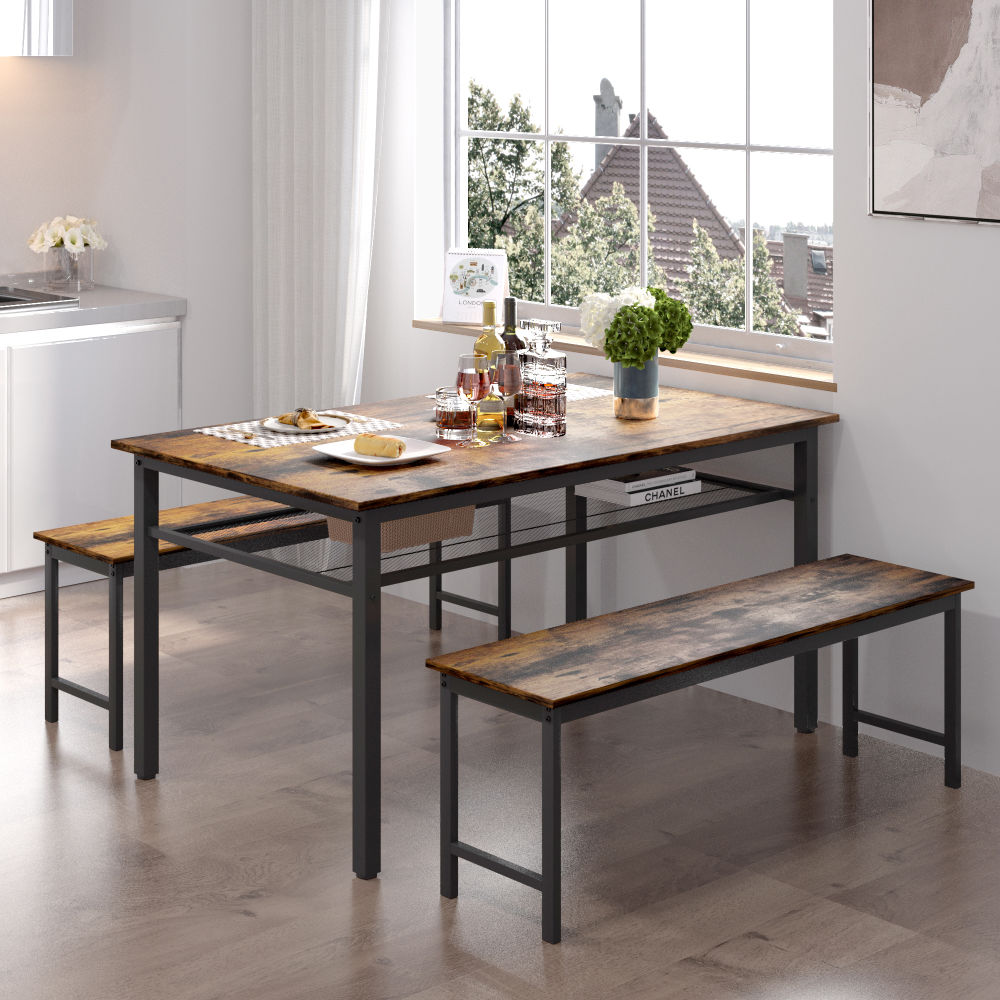 dropship 3 Pieces Farmhouse Kitchen Table Set with Two Benches, Metal Frame and MDF Board