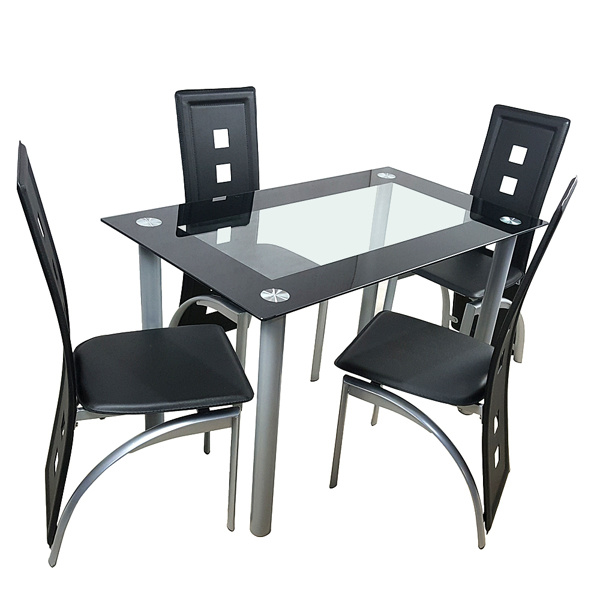 dropship 5 Pieces Dining Table Set for 4, Kitchen Room Tempered Glass Dining Table, 4 Chairs, Black, Table legs are silvery