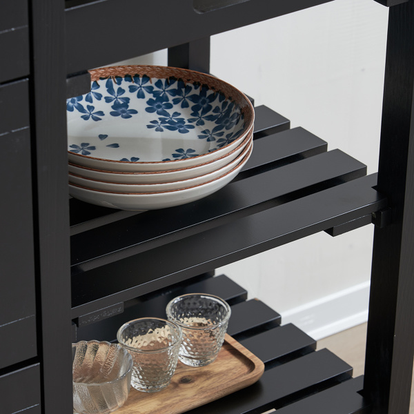 dropship 76*37*84cm Three Drawers Three Layers Bronze Color Handle Rubber Wood Log Color Table Top Black Spray Paint Dining Car