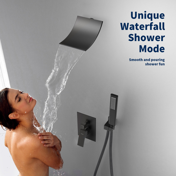 dropship Male NPT Waterfall Shower head with Handheld, Matte Black Bathtub Shower Faucet with High Flow Wall Mount Tub Faucet, Single Handle Bathroom Tub Mixer Tap Hand Shower System with Curved Spout Commerci