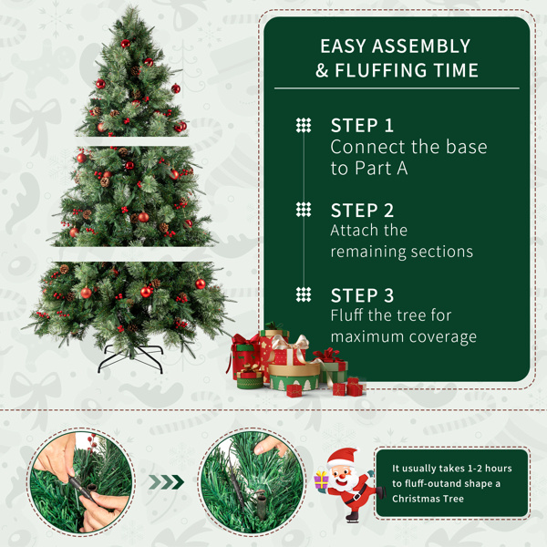 dropship 6.5ft Pre-Lit Artificial Flocked Christmas Tree with 350 LED Lights&1200 Branch Tips,Pine Cones& Berries