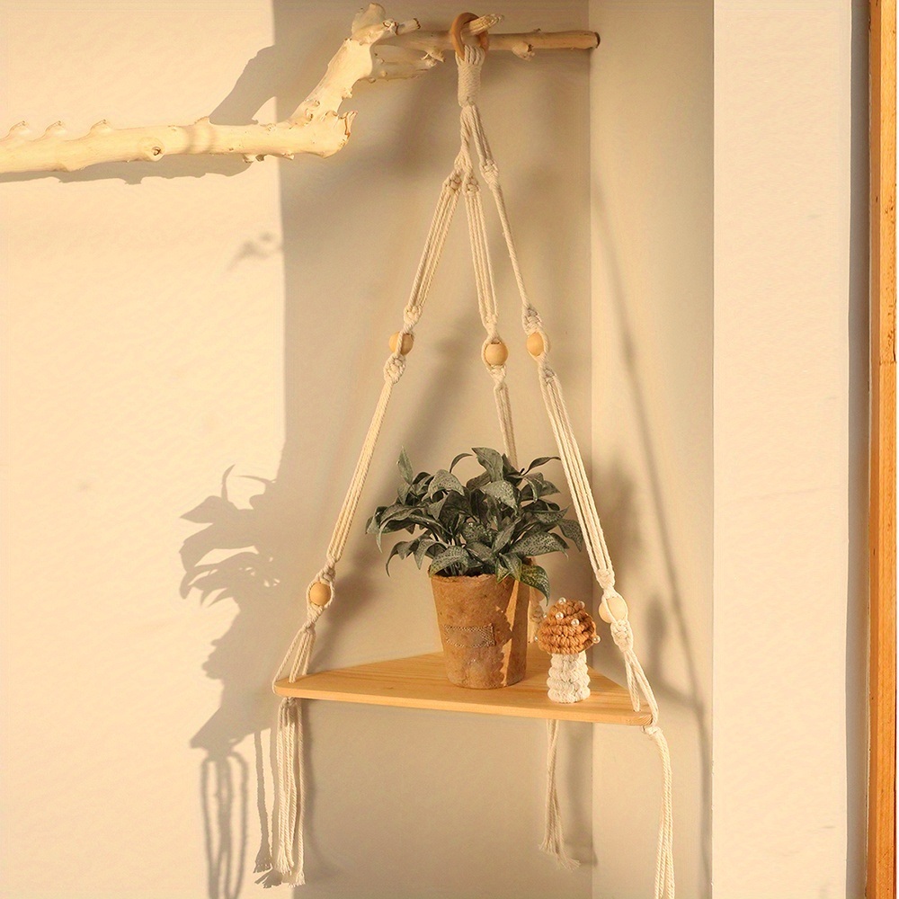 dropship 1pc Handwoven Wooden Triangle Storage Rack for Flower Pots, Pendants, and Room Decor - Stylish and Functional Home Decor