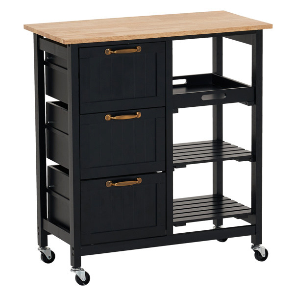 dropship 76*37*84cm Three Drawers Three Layers Bronze Color Handle Rubber Wood Log Color Table Top Black Spray Paint Dining Car