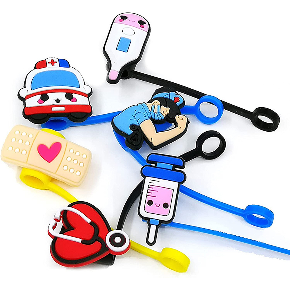 dropship 6pcs Reusable Nurse Theme Straw Covers - Dust-Proof Silicone Tips for 7-8 mm Straws - Easy to Clean and Convenient