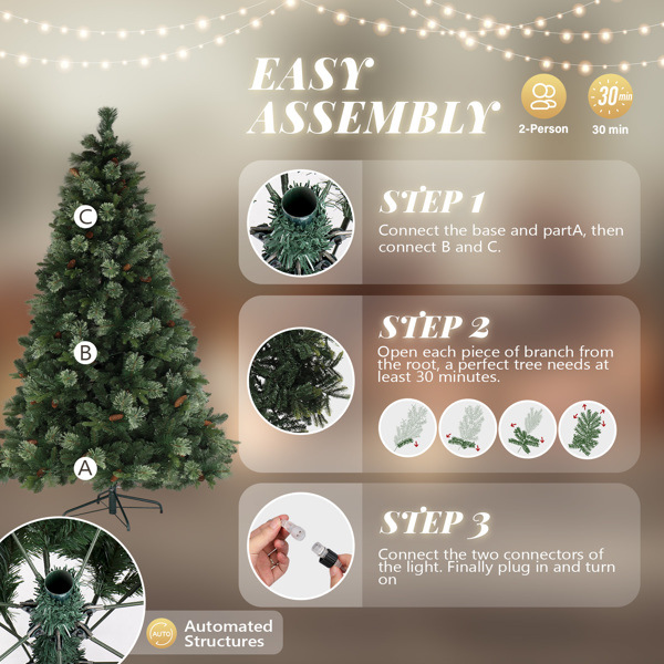 dropship 6ft Automatic Tree Structure PE PVC Material 500 Lights Warm Color 9 Modes With Remote Control 900 Branches With Pine Needles Christmas Tree Green