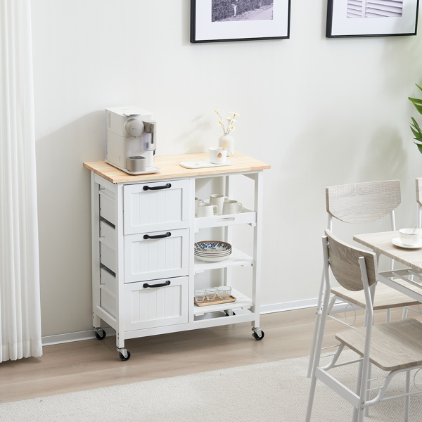 dropship 76*37*84cm Three Drawers Three Layers Black Handle Rubber Wood Log Color Table White Spray Paint Dining Car