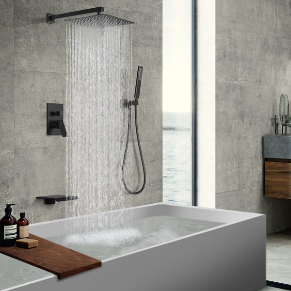 dropship Male NPT Matte Black Shower System, 12 Inch Shower Fixtures Rain Shower Head with Handheld Shower Spray, Wall Mount Shower Faucet Set for Bathroom(Pressure Balance Shower Trim Valve Kit Included)