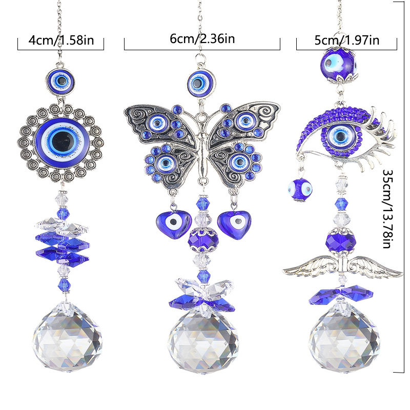 dropship 1pc Blue Butterfly Evil Eye Crystal Sun Catcher - Indoor Window Suncatcher with Prism Ball - Rainbow Maker for Good Luck and Hanging Ornament for Home, Garden, Office, Car - Wedding Pendant