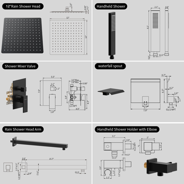 dropship Male NPT Bathtub Shower Faucet Set, Waterfall Tub Faucet with 12-Inch Matte Black Rain Shower Head System