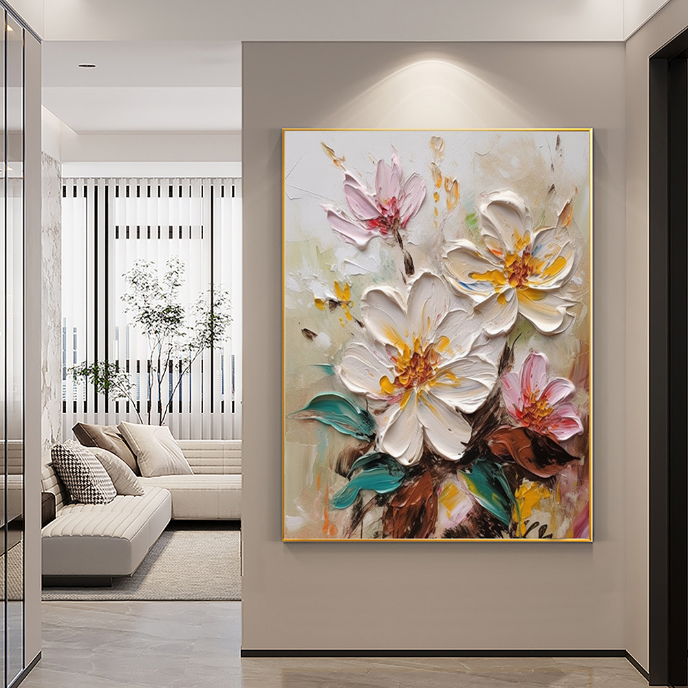 dropship Hand Painted Oil Painting Abstract Blooming Flower Oil Painting Large Wall Art Original Knife Floral Painting Textured Wall Art Boho Art Modern Living Room Decor