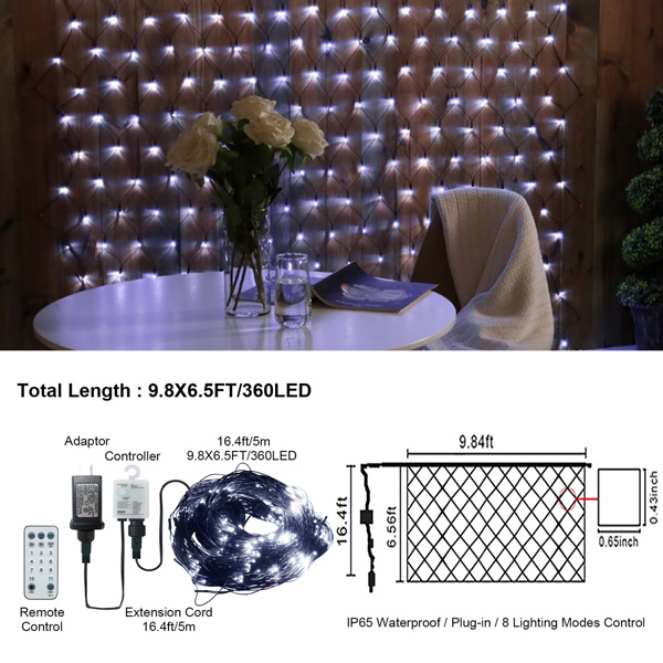 dropship 9.8*6.5FT Christmas Mesh Net Light,360 LED Net Light with 8 Modes&Remote,Connectable Net String Christmas Lights for Garden/Bushes/Indoor Outdoor/Curtain/Fairy/Wall/Party/Wedding/Xmas Tree Decorations