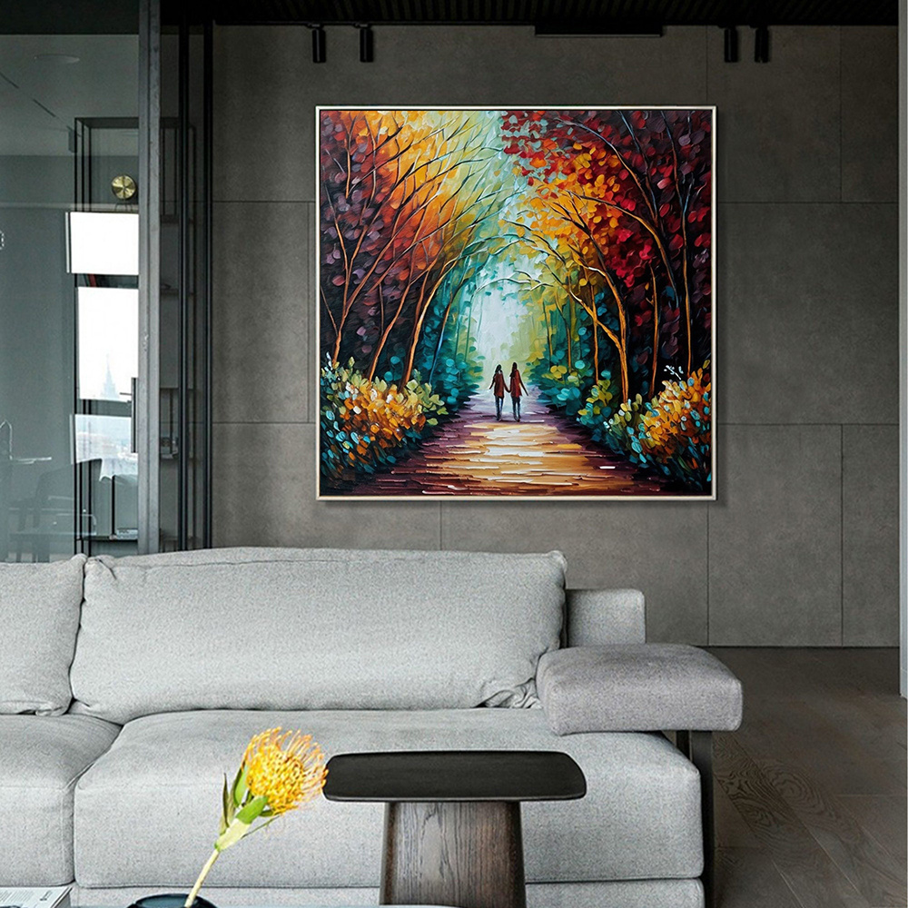 dropship Hand Painted Oil Painting Abstract Original Romantic Cityscape Oil Painting On Canvas Large Wall Art Colorful Tree Painting Custom Painting Living room Wall Decor