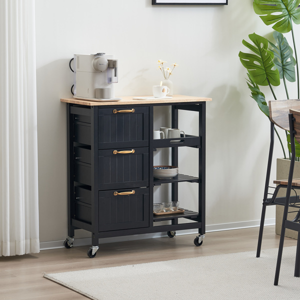 dropship 76*37*84cm Three Drawers Three Layers Bronze Color Handle Rubber Wood Log Color Table Top Black Spray Paint Dining Car