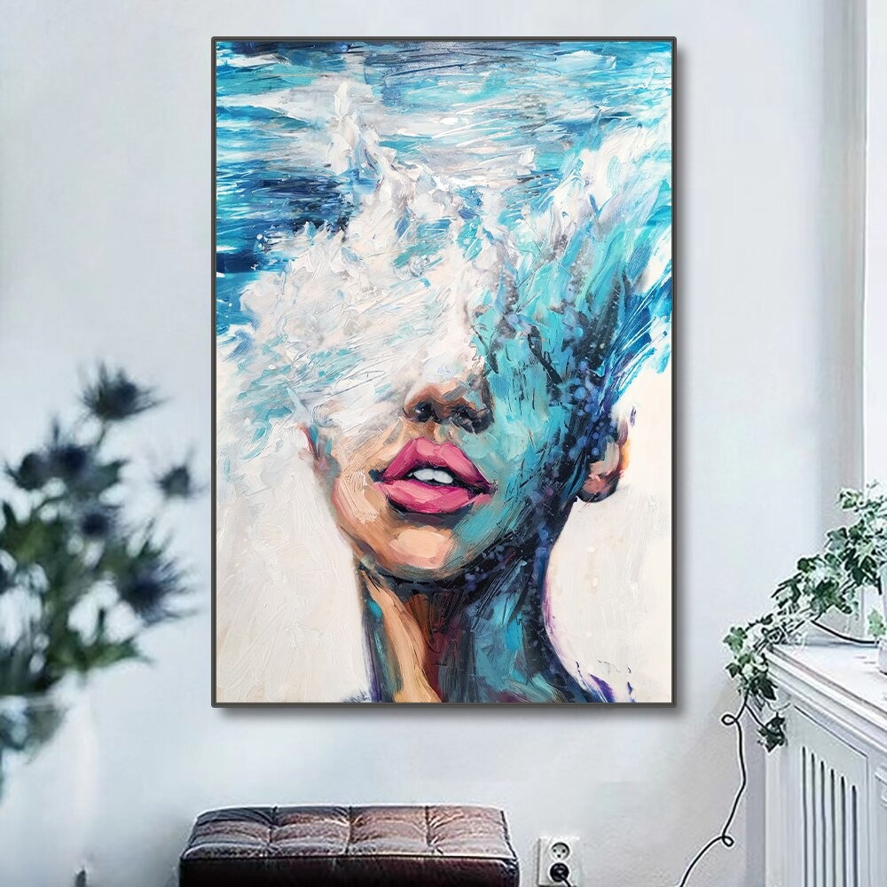dropship Hand Painted Oil Painting Abstract Portrait Wall Art Hand painted-Nordic Light Blue Girl Oil Paintings On Canvas-Hand Made-For Home Decoration