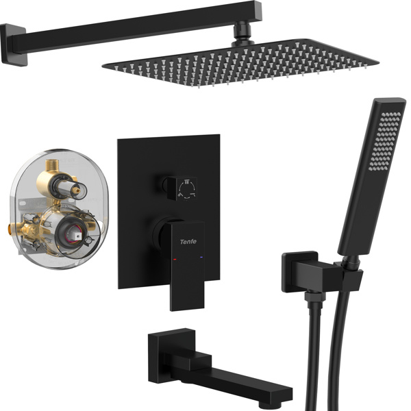 dropship Male NPT Matte Black Shower System, 12 Inch Shower Fixtures Rain Shower Head with Handheld Shower Spray, Wall Mount Shower Faucet Set for Bathroom(Pressure Balance Shower Trim Valve Kit Included)