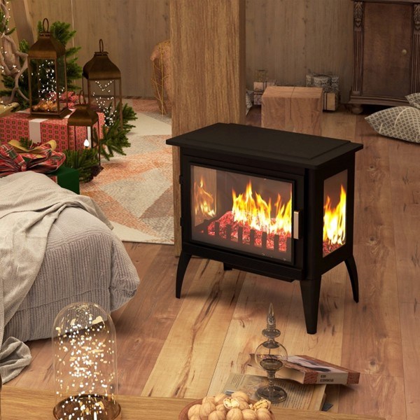 dropship 1000W/1500W 24" Electric Fireplace Stove, Freestanding Fireplace Heater with Realistic Flame, Adjustable Temperature, Black-AS