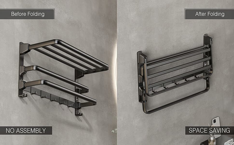 dropship Towel Racks for Bathroom, 24-Inch Towel Shelf with Towel Bar Foldable Towel Holder with 7 Hooks Towel Storage Organizer for Bathroom & Lavatory Wall Mounted
