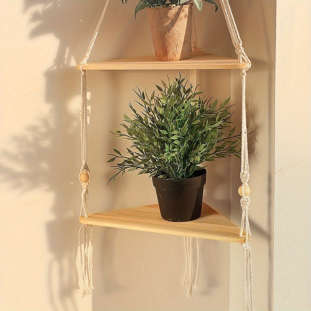 dropship 1pc Handwoven Wooden Triangle Storage Rack for Flower Pots, Pendants, and Room Decor - Stylish and Functional Home Decor