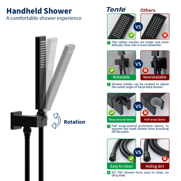 dropship Male NPT Waterfall Shower head with Handheld, Matte Black Bathtub Shower Faucet with High Flow Wall Mount Tub Faucet, Single Handle Bathroom Tub Mixer Tap Hand Shower System with Curved Spout Commerci