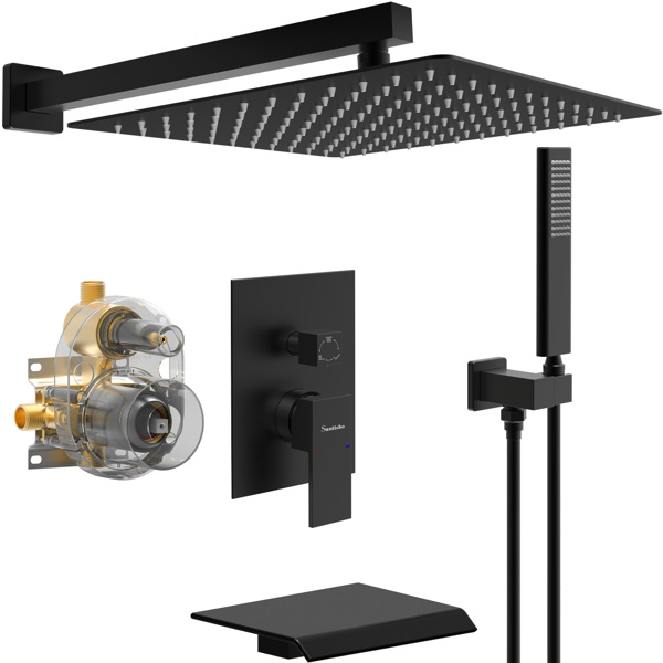 dropship Male NPT Bathtub Shower Faucet Set, Waterfall Tub Faucet with 12-Inch Matte Black Rain Shower Head System
