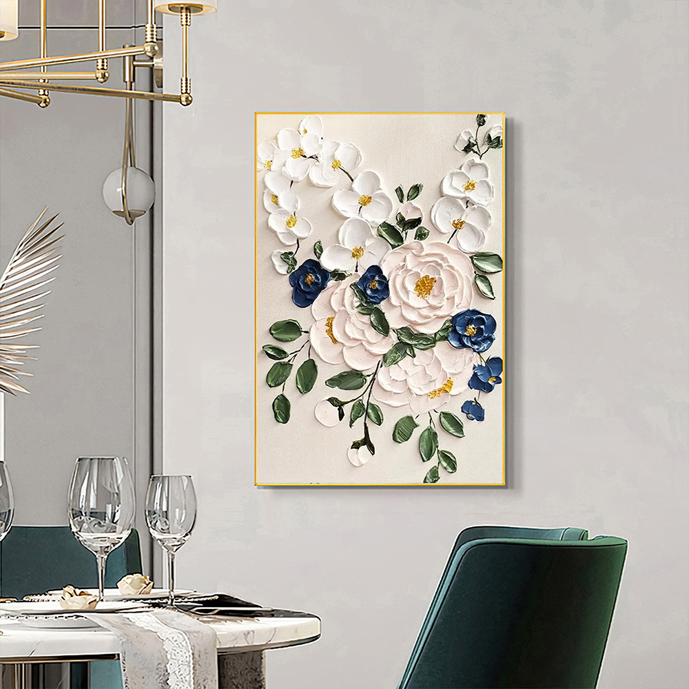dropship Hand Painted Oil Paintings Large Original Oil Painting White Flower Decor Abstract Wall Art Hand Paint Palette Knife Painting Heavy Textured Painting Living Room Art