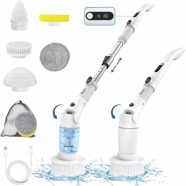 dropship VEWIOR Electric Spin Scrubber, Cordless Cleaning Brush with Display and 3 Adjustable Angle 2 Speeds 5 Replaceable Brush Heads, Power Shower Scrubber with Extension Handle for Floor Bathroom Tile Grout