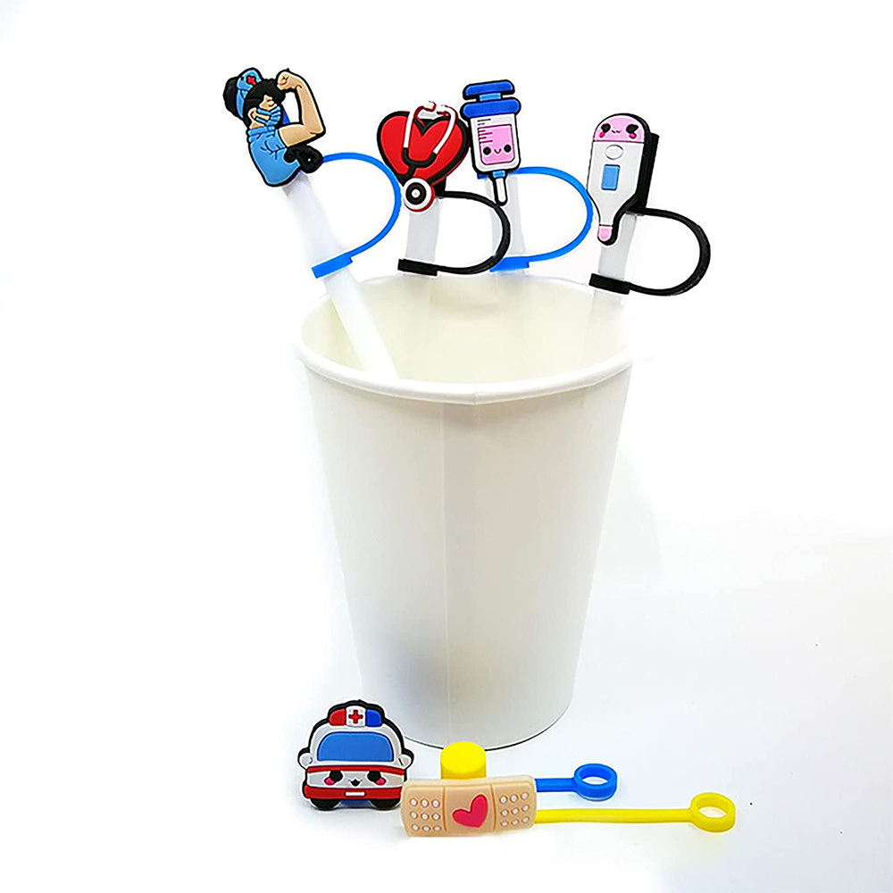 dropship 6pcs Reusable Nurse Theme Straw Covers - Dust-Proof Silicone Tips for 7-8 mm Straws - Easy to Clean and Convenient