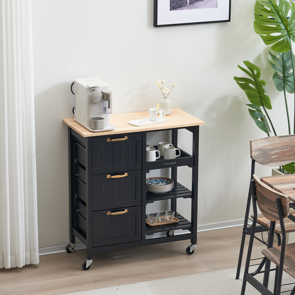 dropship 76*37*84cm Three Drawers Three Layers Bronze Color Handle Rubber Wood Log Color Table Top Black Spray Paint Dining Car