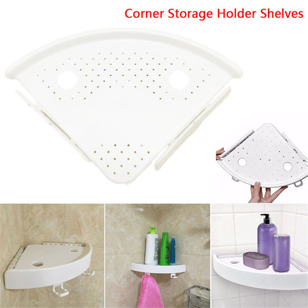 dropship Bathroom Wall Corner Shelf Organizer; Kitchen Corner Storage Rack Non-Marking Shelf with Hooks; Easy to Install (White; One Size)