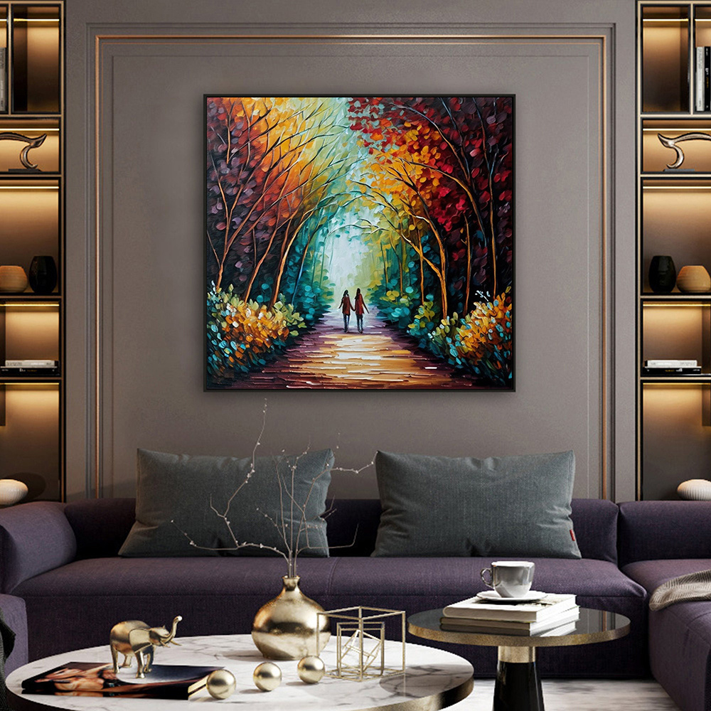 dropship Hand Painted Oil Painting Abstract Original Romantic Cityscape Oil Painting On Canvas Large Wall Art Colorful Tree Painting Custom Painting Living room Wall Decor
