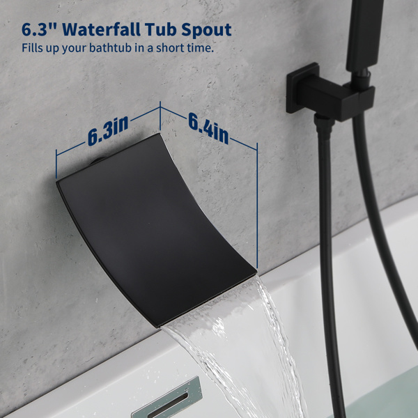 dropship Male NPT Waterfall Shower head with Handheld, Matte Black Bathtub Shower Faucet with High Flow Wall Mount Tub Faucet, Single Handle Bathroom Tub Mixer Tap Hand Shower System with Curved Spout Commerci