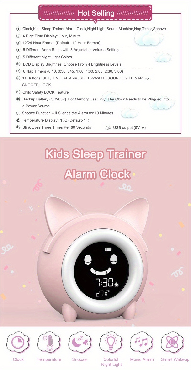 dropship 1pc Sleep Training Clock with Night Light, Sound Machine, Nap Timer, Snooze, Indoor Temperature, and Digital Wake Up Clock for Toddlers - Perfect for Boys and Girls Bedroom - Pink/Blue