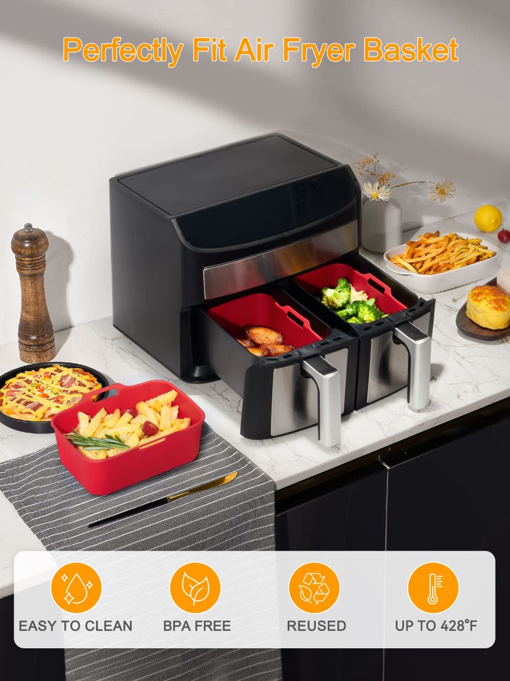 dropship Air Fryer Silicone Pot With Handle Reusable Liner Heat Resistant Basket Rectangle Baking Accessories For Fryer Oven Microwave