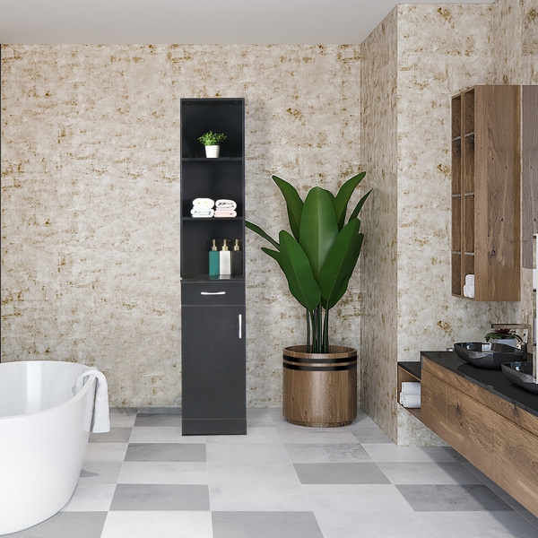 dropship FCH MDF With Triamine One Door One Drawer Three Compartments High Cabinet Bathroom Wall Cabinet Black