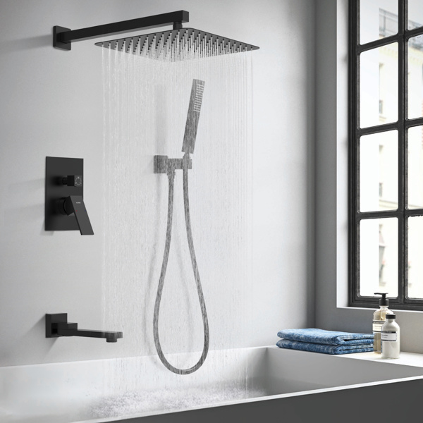 dropship Male NPT Matte Black Shower System, 12 Inch Shower Fixtures Rain Shower Head with Handheld Shower Spray, Wall Mount Shower Faucet Set for Bathroom(Pressure Balance Shower Trim Valve Kit Included)