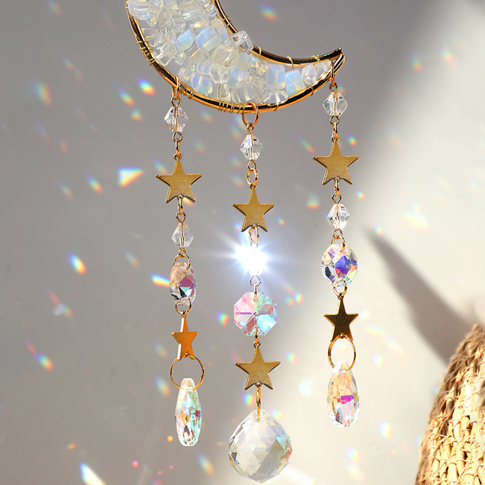 dropship 1pc Rainbow Maker Sun Catcher - Indoor/Outdoor Window Prism Moon Mini Dream Catcher with Crystals and Healing Stones - Garden Tree Decorations