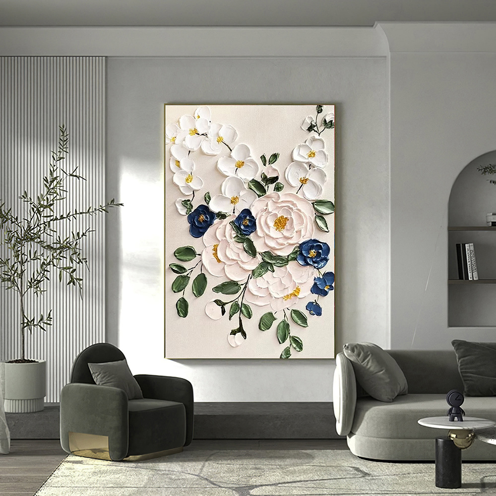 dropship Hand Painted Oil Paintings Large Original Oil Painting White Flower Decor Abstract Wall Art Hand Paint Palette Knife Painting Heavy Textured Painting Living Room Art