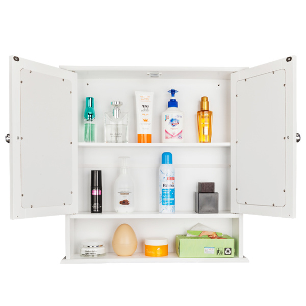 dropship Double Door Mirror Indoor Bathroom Wall Mounted Cabinet Shelf White