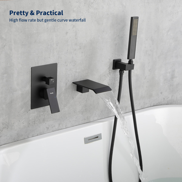 dropship Male NPT Tub Faucet with Hand Shower, Matte Black Waterfall Bathtub Shower Faucet Set, Wall Mount Tub Shower System with Solid Brass Rough-in Valve Shower Trim Kit
