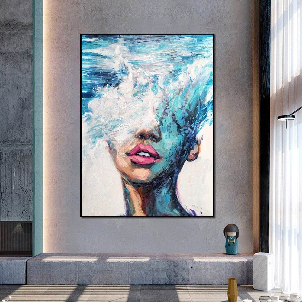 dropship Hand Painted Oil Painting Abstract Portrait Wall Art Hand painted-Nordic Light Blue Girl Oil Paintings On Canvas-Hand Made-For Home Decoration